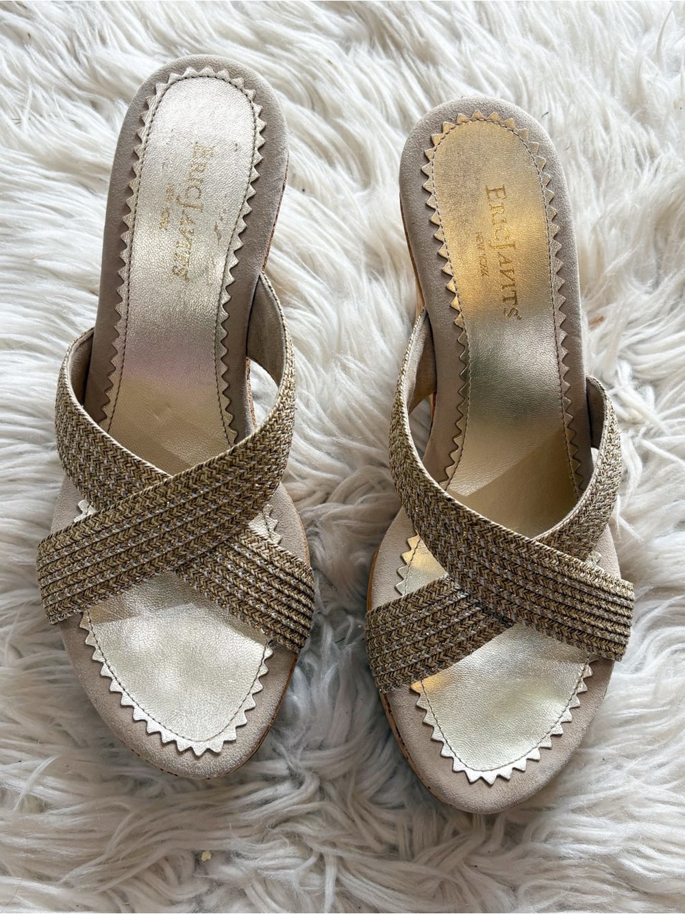 Eric Javits New York Cork Wedge Slide Sandals Gold Metallic Women’s 7M
